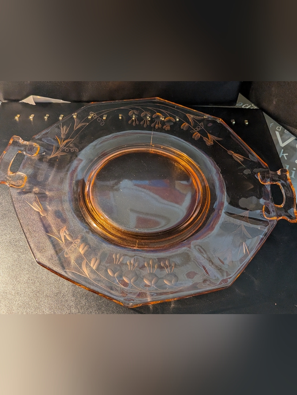 Octagonal Pink Depression Era Glass Serving Tray with Floral Etching